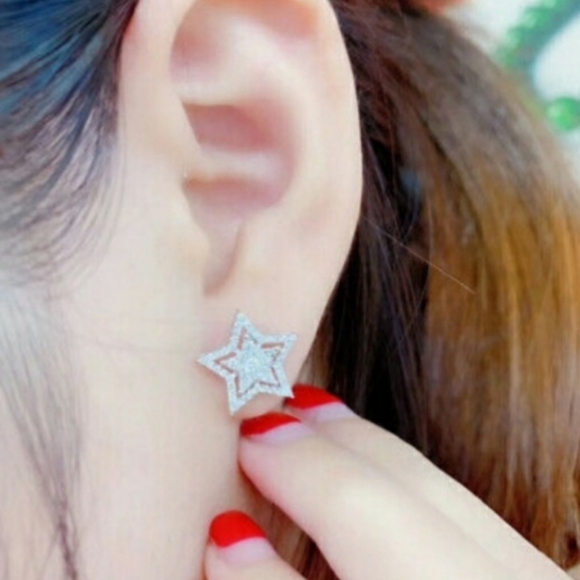 Diamond Star Burst Silver Stud Earrings - Picture 4 of 12